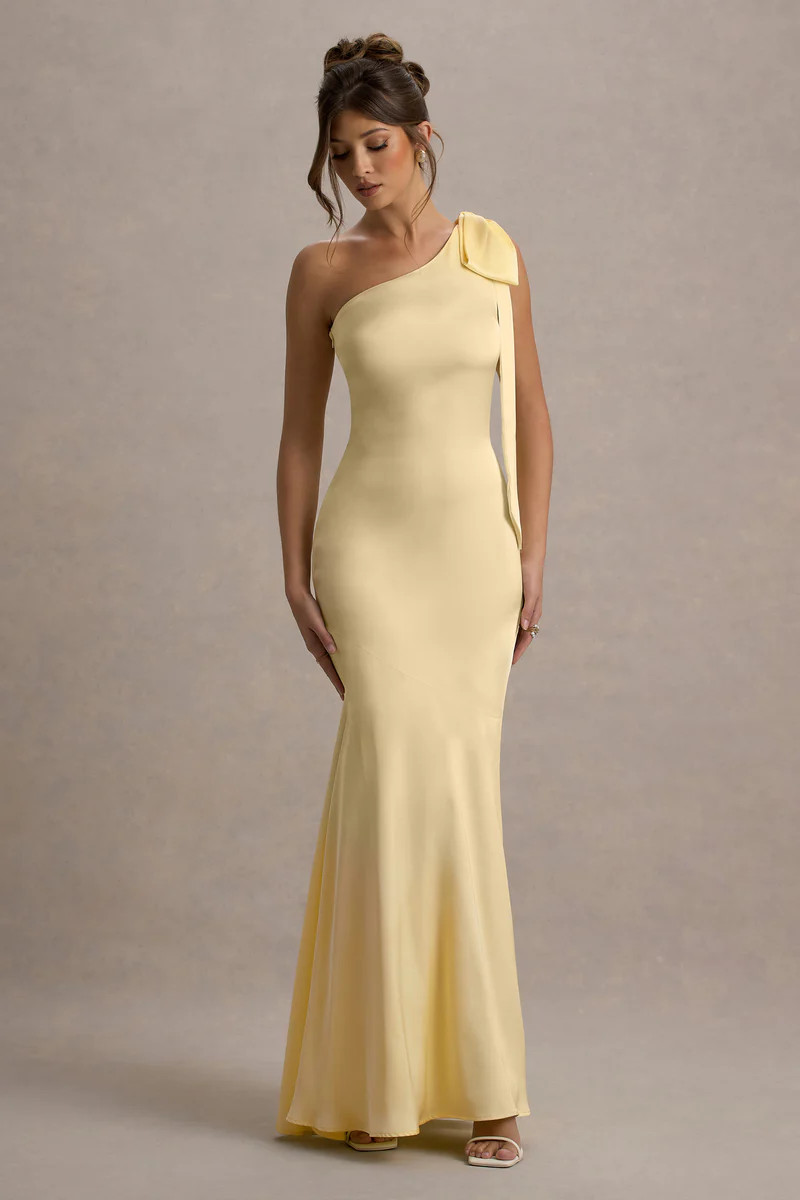 Here For Love | Pale Lemon Satin Asymmetric Maxi Dress With Bow | Club L London
