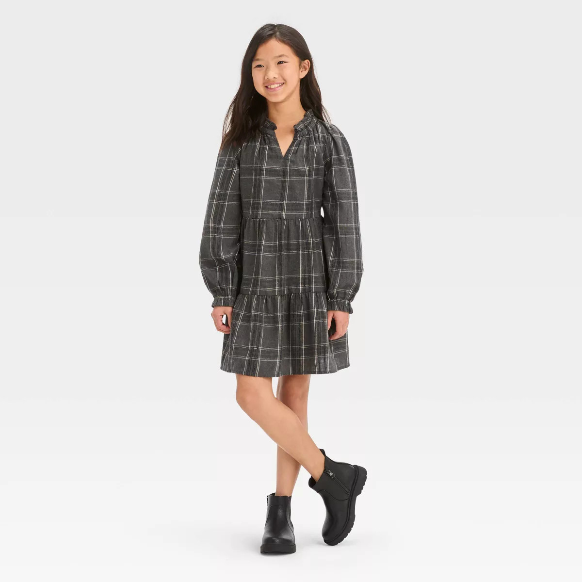 Girls' Long Sleeve Plaid Tiered Woven Dress - Cat & Jack™ | Target