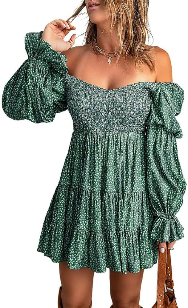 Dokotoo Womens 2024 Summer Spring Elegant Off The Shoulder V Neck Long Sleeve Ruffle Flowy Mini S... | Amazon (US)