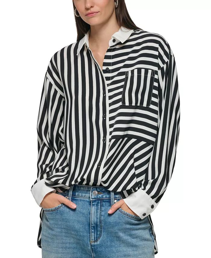 KARL LAGERFELD PARIS Women's Striped Button-Down Blouse - Macy's | Macy's
