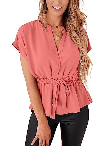CiCiBird Womens Button Down Blouses Casual Peplum Summer Tops Dressy Chiffon Work Blouse Coral M | Amazon (US)