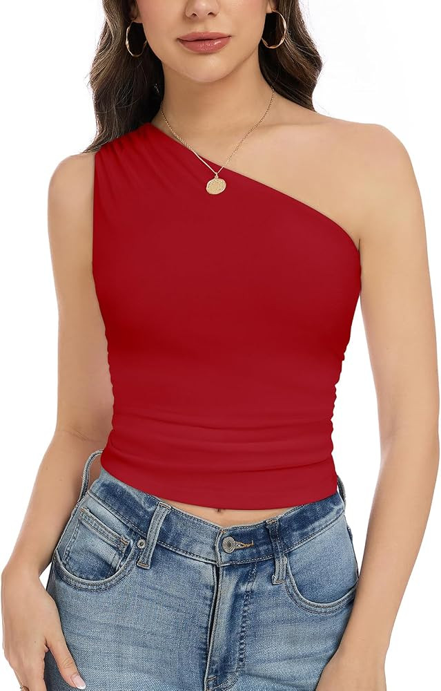 ZNVGIRL Womens Off The Shoulder Tank Tops Slim Fit Shirt Sleeveless Ruched Going Out Outfits | Amazon (US)