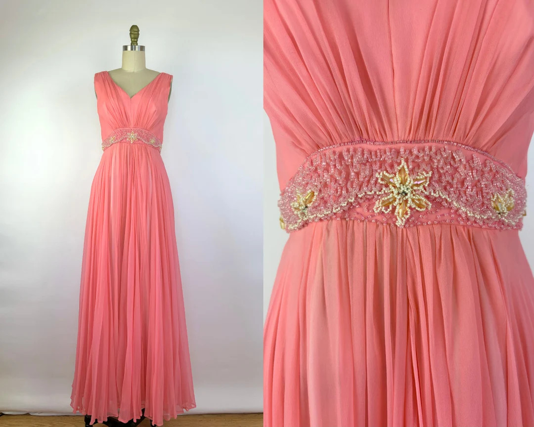 Vintage 1960's Pink Chiffon Evening Dress 60's Full Length Party Dress With Beaded Belt Size Smal... | Etsy (US)