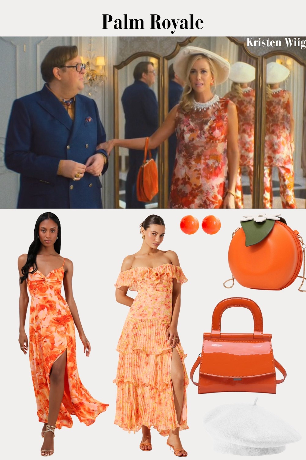 Maxine’s like a delacorte- orange and pink floral top and matching bottom, orange bauble earrings and a round orange satchel

#LTKStyleTip