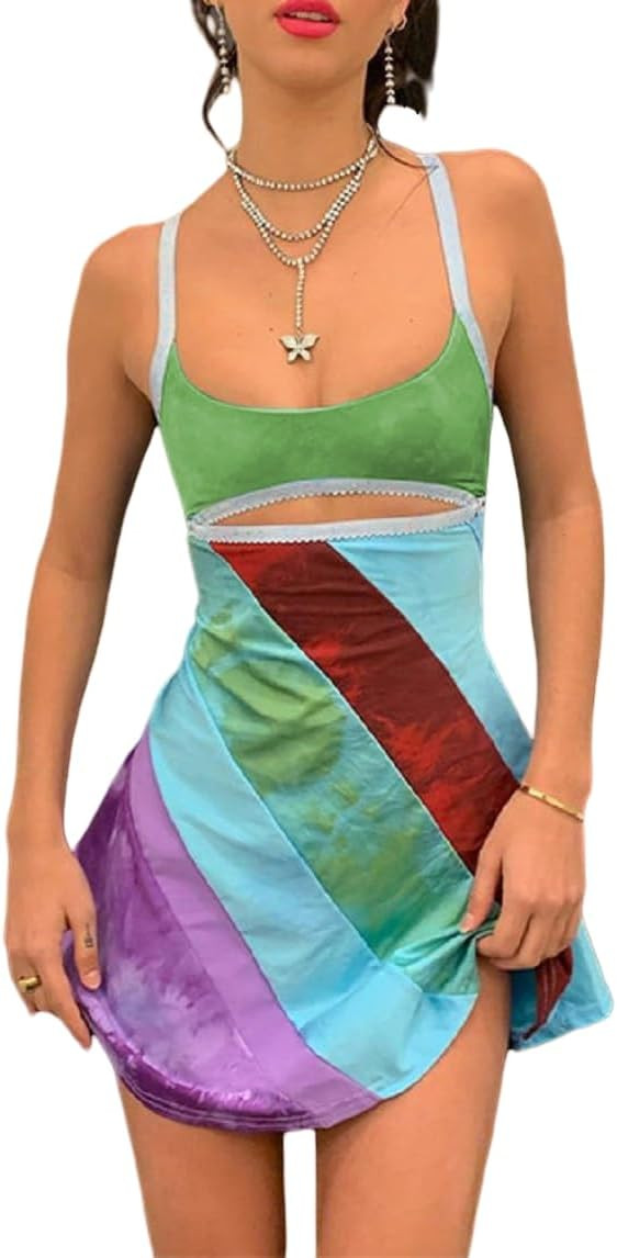 Luckinbaby Y2k Rainbow Dress for Women Spaghetti Strap Vintage Bodycon Mini Dress 13 Going On 30 Party Club Dresses | Amazon (US)