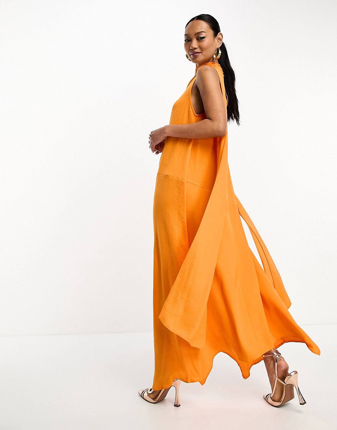 ASOS DESIGN modern sleeveless cowl neck midi dress with scarf detail in orange | ASOS (Global)
