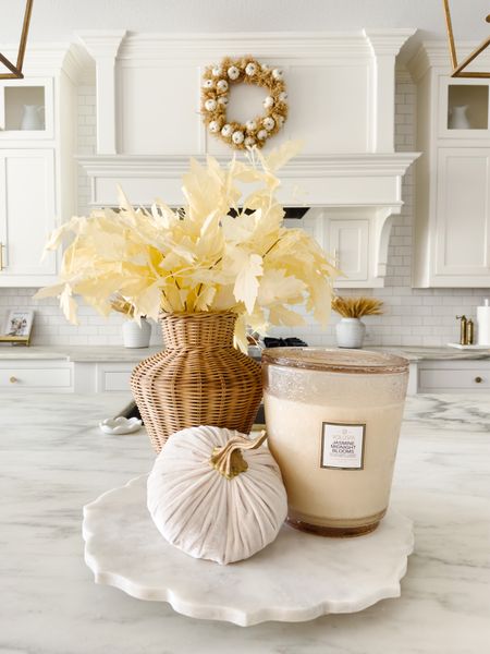 Fall Autumn Centerpiece. Neutral fall colors. Giant 5 wick Volispa candle on sale! Beige glass candle. Smells amazing. Rattan vase. Natural leaf stems. 



#LTKhome #LTKSeasonal #LTKSale