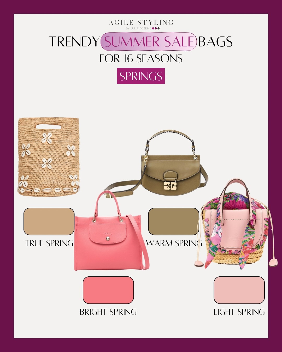 ✨ Summer sales just got a lot smarter.
Stop guessing, start matching — this is your sign to only buy bags that match you.

🔎 So often we get carried away by trends and sales racks — especially when every store is pushing one “it-color.” But the truth is: if it’s not in your palette, it won’t do you any favors (no matter how discounted it is!).

💸 Don’t waste your money on pieces that won’t elevate you. Knowing your season makes shopping so much easier — and way more flattering.

🎨 Swipe to see which trendy bags are actually worth it for your season — from Soft Summer grey to Warm Spring olive.

👉 Which one is calling your name?

#coloranalysis #seasonalcoloranalysis #stylebyseason #16seasoncoloranalysis #knowyourcolors #colorpalette #summerbags #salealert #shoppingtips #agilestyling #capsulewardrobe #seasonalstyling #personalstyle #colorconsultant #styleguide