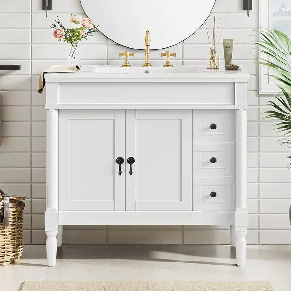 30 Inch MDF Freestanding Bathroom Vanity with Integrated Sink - 36" x 18.3" x 34" - White | Bed Bath & Beyond