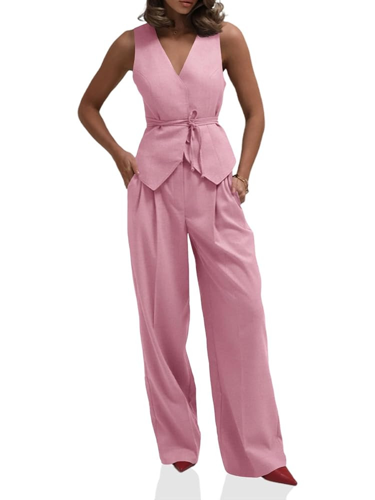 Cicy Bell Womens 2 Piece Outfits V Neck Tie Waist Blazer Vest and Wide Leg Business Casual Suit P... | Amazon (US)