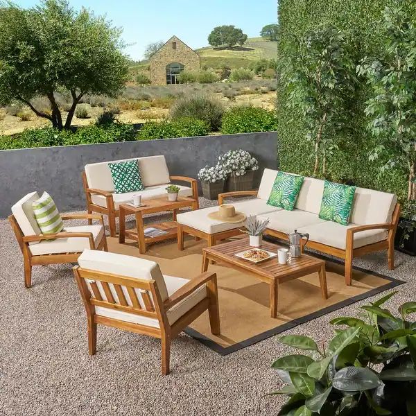 Grenada Outdoor 7-seat Acacia Sectional Set by Christopher Knight Home - gray finish + dark gray ... | Bed Bath & Beyond