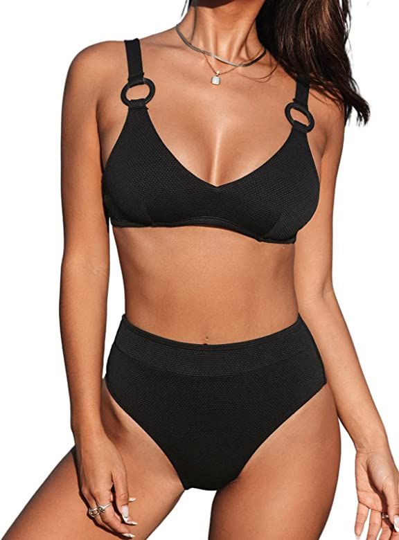 CUPSHE Bikini Set for Women Two Piece Swimsuits High Waist V Neck Back Hook Push Up O Ring | Amazon (US)