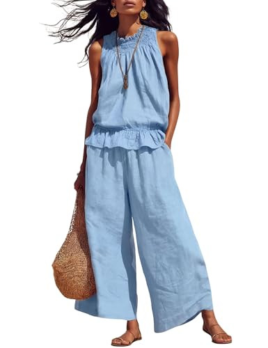 Tanming Women's Linen 2 Piece Outfits Sleeveless Ruffle Top Wide Leg Pants Summer Loungewear Beac... | Amazon (US)
