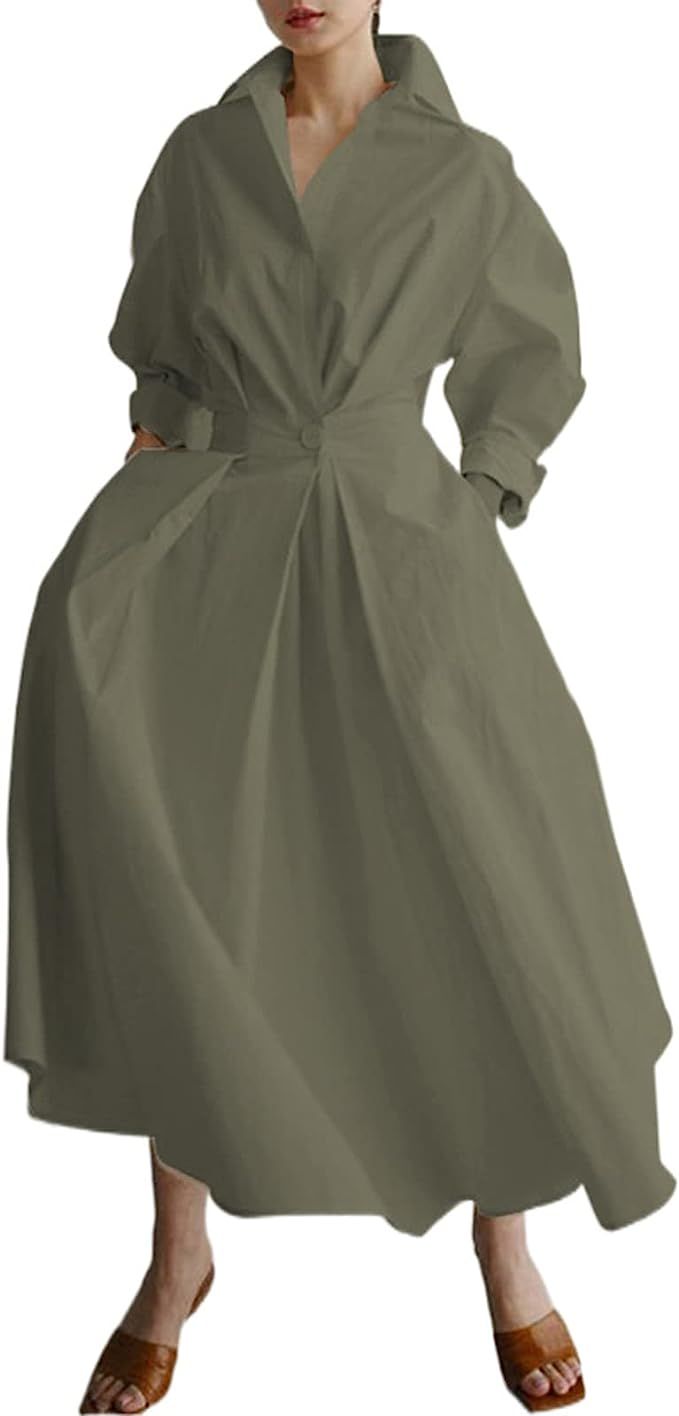 Women Maxi Shirt Dress Long Sleeve Button Smocked Tiered High Waist Long Dress Loose Swing Party ... | Amazon (US)