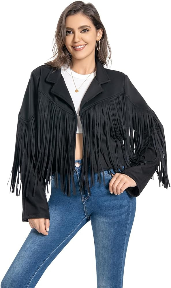 Fringe Jacket, Western Cowgirl Faux Suede Leather Jacket Tassel Crop Moto Top Country Concert Out... | Amazon (US)