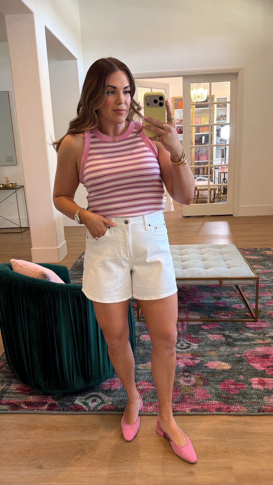 curvy midsize casual mom look! wearing size large in pink striped tank and size 30 in white denim shorts. linked the racerback bra i wear with these tanks! 

#LTKMidsize #LTKSeasonal