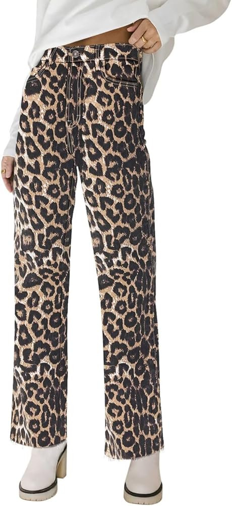 KDF Straight Leg Jeans for Women High Waisted Jeans Frayed Baggy Pants Raw Hem Loose Stretchy Cro... | Amazon (US)