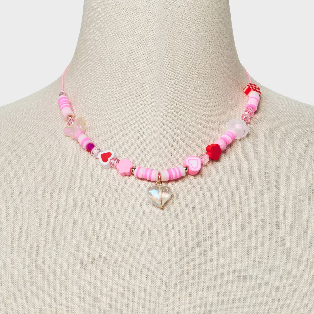 Mixed Hearts and Floral Beaded Necklace - Pink | Target
