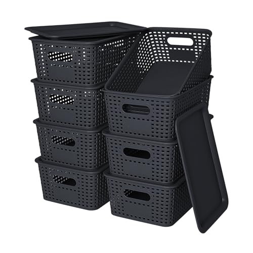 Plastic Storage Baskets with Lid-Plastic Storage Containers Stackable Storage bins: Storage Baskets for Organizing Shelves Drawers Desktop Closet Playroom Classroom Office, 8Pack-Black10.2x7.2x4.1Inch | Amazon (US)
