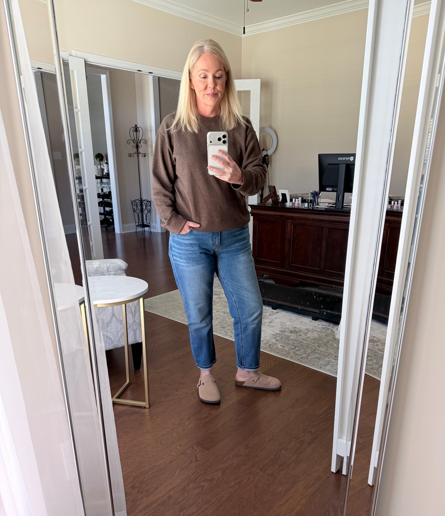 Casual fall errands outfit. 
Terry sweatshirt in brown size S
Boyfriend jeans true to size


#LTKOver40 #LTKSeasonal #LTKFindsUnder50
