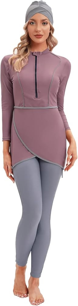 Women Burkini Swimsuits Modest Muslim Swimwear Islamic Long Sleeve Full Cover Hijab Top Swim Pant... | Amazon (US)