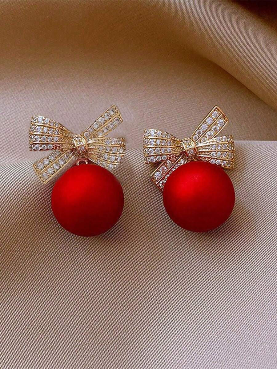 1 Pair Fashionable Metal Bow & Pearl Drop Earrings, Suitable For Women To Wear For Christmas, New... | SHEIN