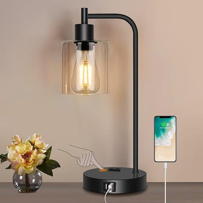 QiMH Industrial Touch Control Table Lamp with 2 USB Ports and 2 AC Outlets, 3-Way Dimmable Bedsid... | Amazon (US)
