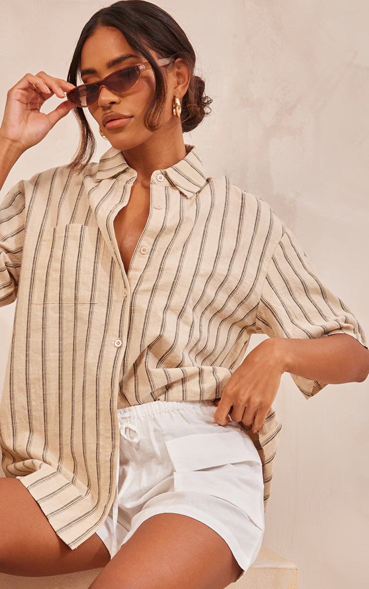 Stone Linen Look Stripe Oversized Short Sleeve Shirt | PrettyLittleThing UK