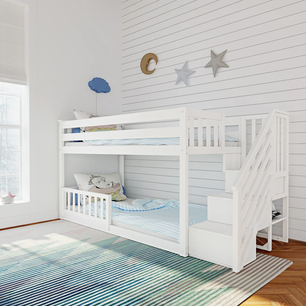 Twin Over Twin Low Bunk Bed With Stairs & Guardrails | max & lily