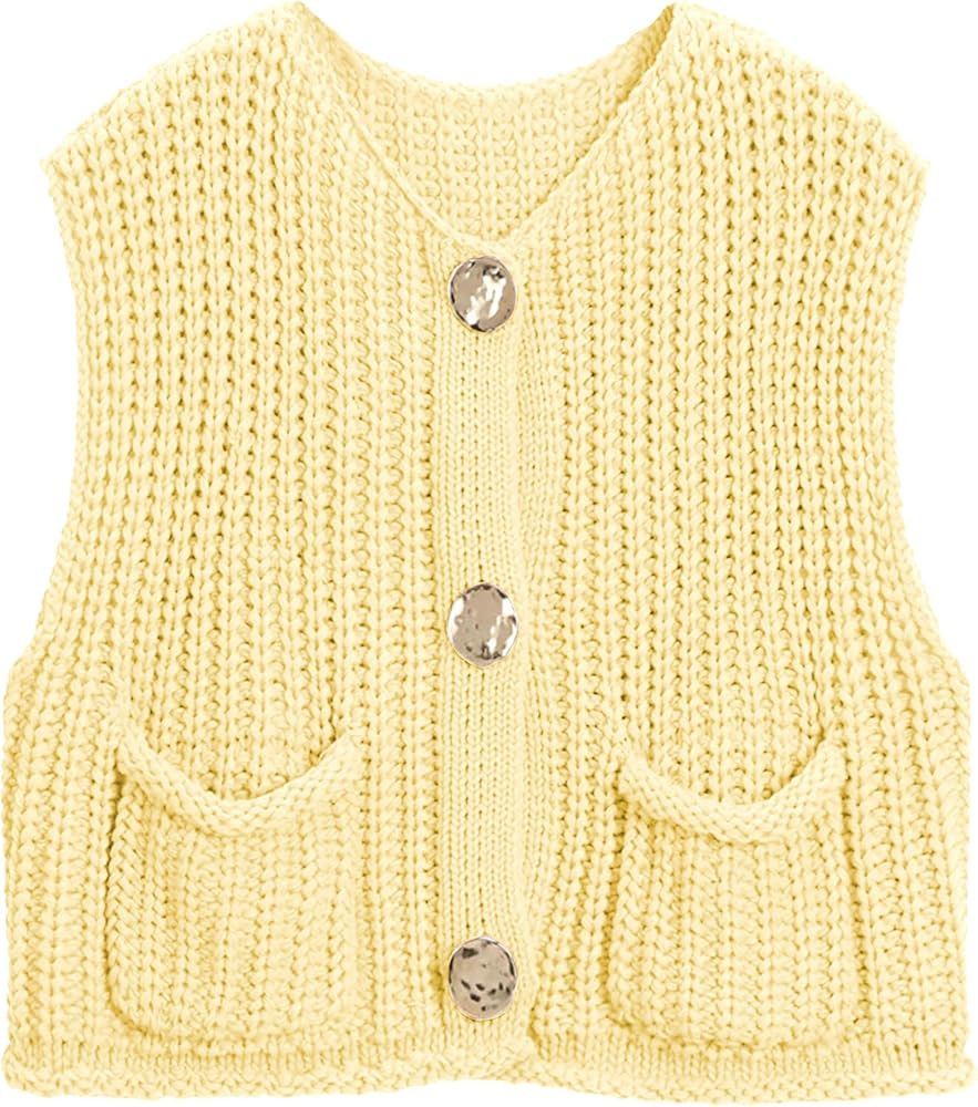 Hixiaohe Womens Crochet Chunky Knit Top Sleeveless Button Down Crop Tops Trendy Cardigan Sweater ... | Amazon (US)