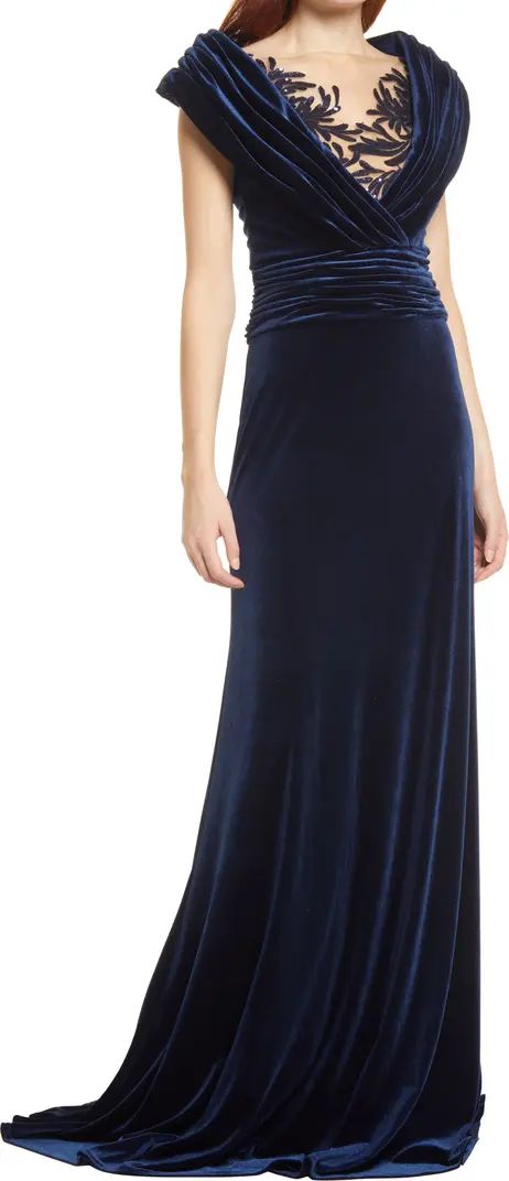 Tadashi Shoji Sequin Lace Inset Velvet Portrait Gown | Nordstrom | Nordstrom