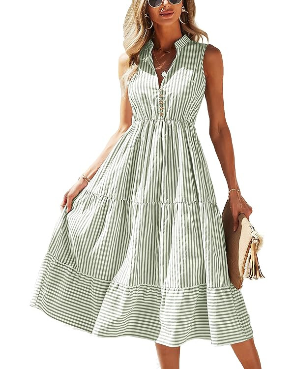 BROVAVE Womens 2026 Summer Sleeveless Shirt Dress Collar Striped V Neck Casual Midi Dresses | Amazon (US)