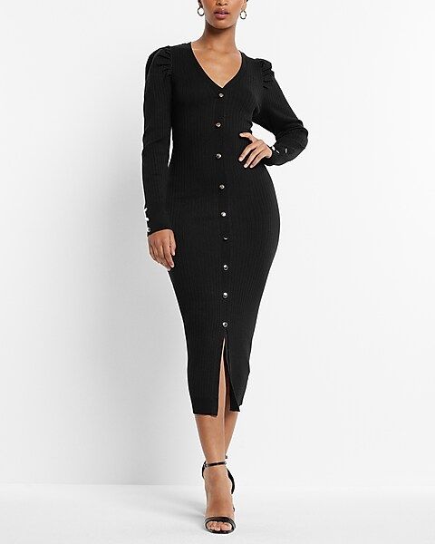Long Sleeve Button Front Ribbed Midi Sweater Dress | Express