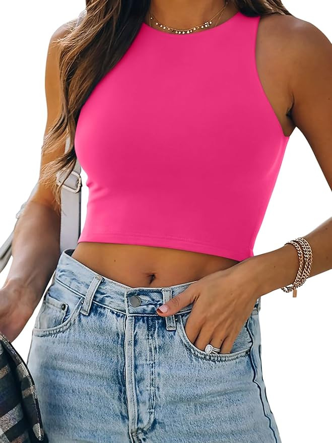 REORIA Women’s Sexy Sleeveless Racer Back Tank Tops Halter Neck Crop Tops | Amazon (US)