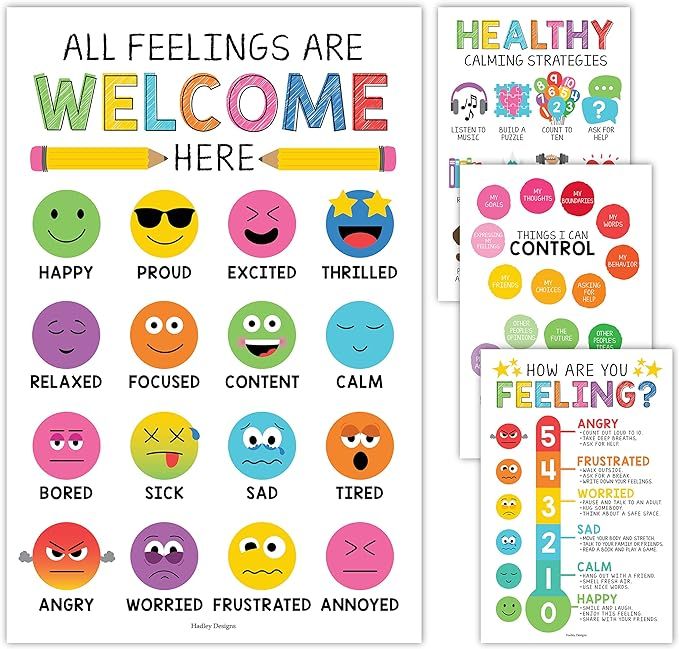 Hadley Designs 4 Colorful Feelings Chart For Kids Learning Posters For Walls, Educational Posters... | Amazon (US)