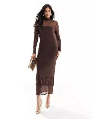 River Island mesh midaxi column dress in dark brown | ASOS (Global)