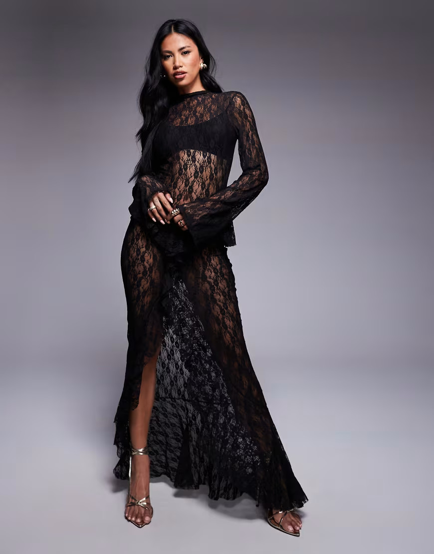 ASOS DESIGN lace long sleeve maxi dress with ruffle skirt in black | ASOS (Global)