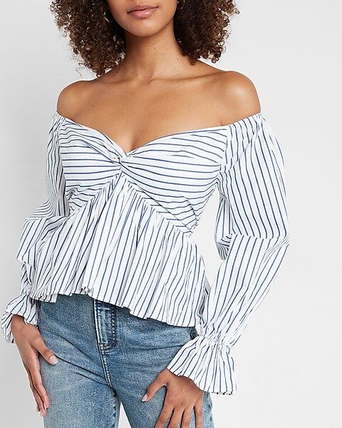 Striped Off The Shoulder Twist Front Peplum Top | Express