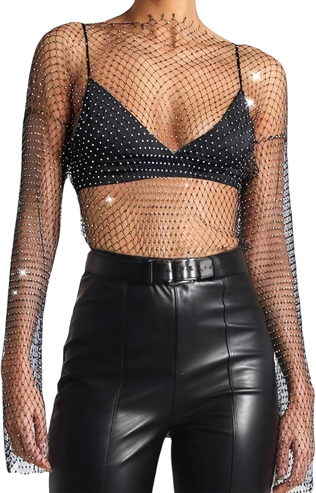 Rhinestone Mesh Long Sleeve Fishnet Top Women's Sexy See Through Mesh Shiny Rhinestones Dress Fis... | Amazon (UK)