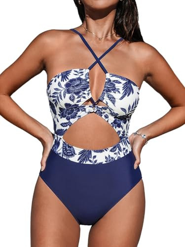 CUPSHE Women's One Piece Swimsuit Plunge Neckline Cutout Criss Cross Bathing Suit, XS Blue Floral | Amazon (US)
