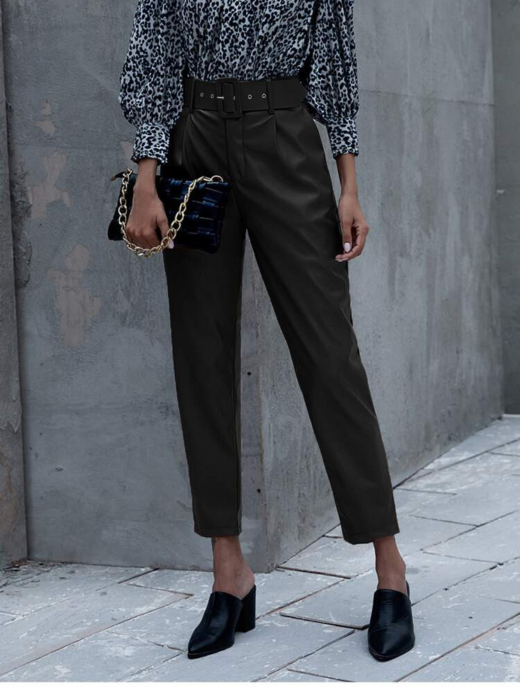 Solid Belted Tapered PU Pants | SHEIN
