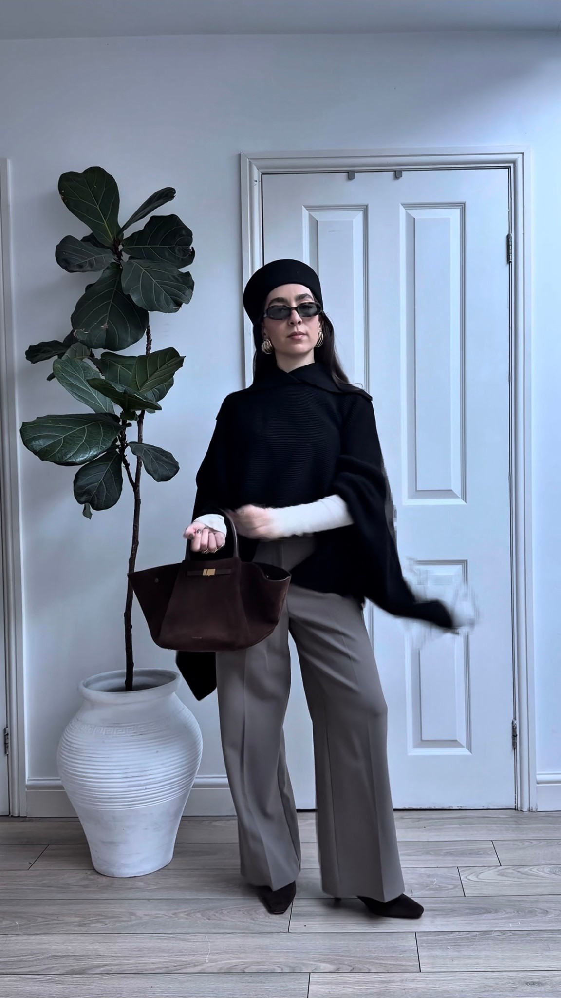 Cape, pillbox hat, wool hat, smart trousers, demellier bag, brown suede bag, brown suede boots, wool top, le specs sunglasses, oval sunglasses, work trousers, marks and Spencer, h&m, dune

#LTKwinter #LTKeurope #LTKuk