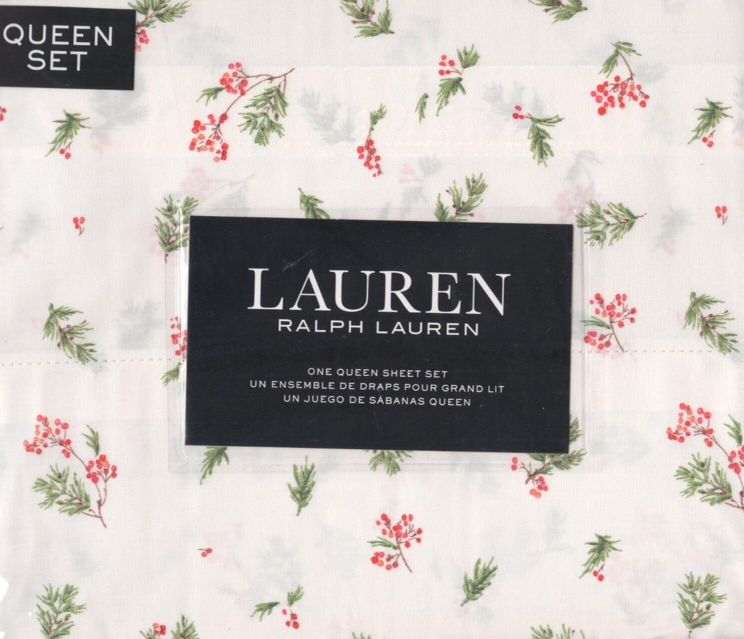 Lauren Ralph Lauren Red Green Holly Berry Floral X'Mas 4P Extra Deep Queen Sheet Set Cotton Off White Ground | Amazon (US)