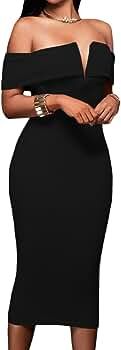 AlvaQ Women's Sexy V Neck Off The Shoulder Evening Bodycon Club Midi Dress | Amazon (US)