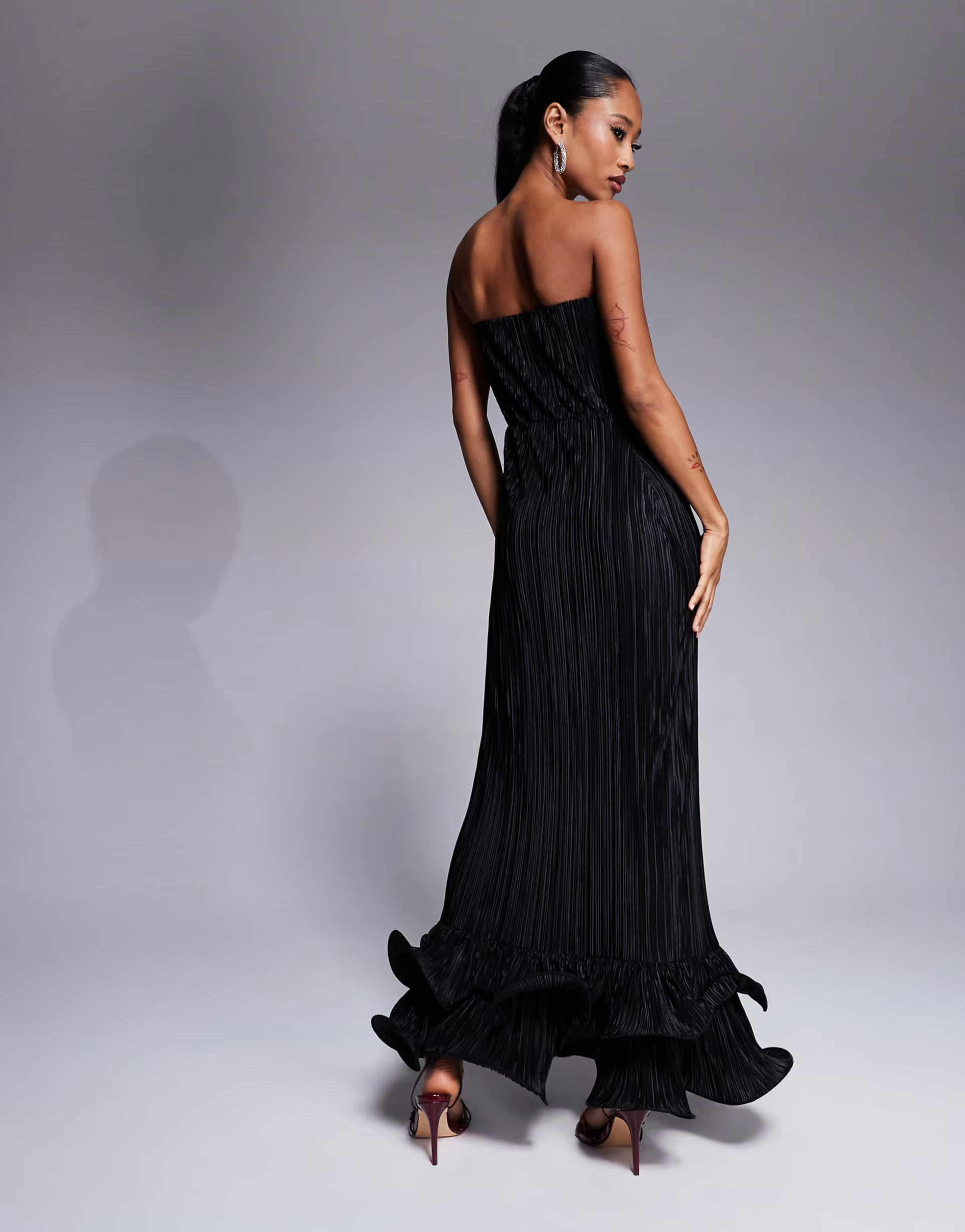 ASOS DESIGN bandeau plisse maxi dress with dramatic curly hem in black | ASOS (Global)