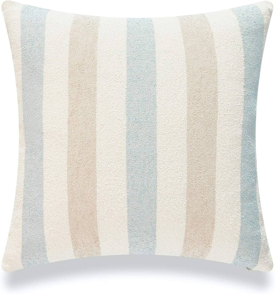 Beach Coastal Decorative Pillow Cover ONLY for Couch, Sofa, or Bed, Light Blue Tan Taupe Woven St... | Amazon (US)