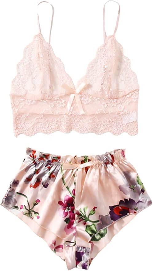 WDIRARA Women's 2Pcs Floral Lace Cami Top with Shorts Sleepwear Pajama Set | Amazon (US)