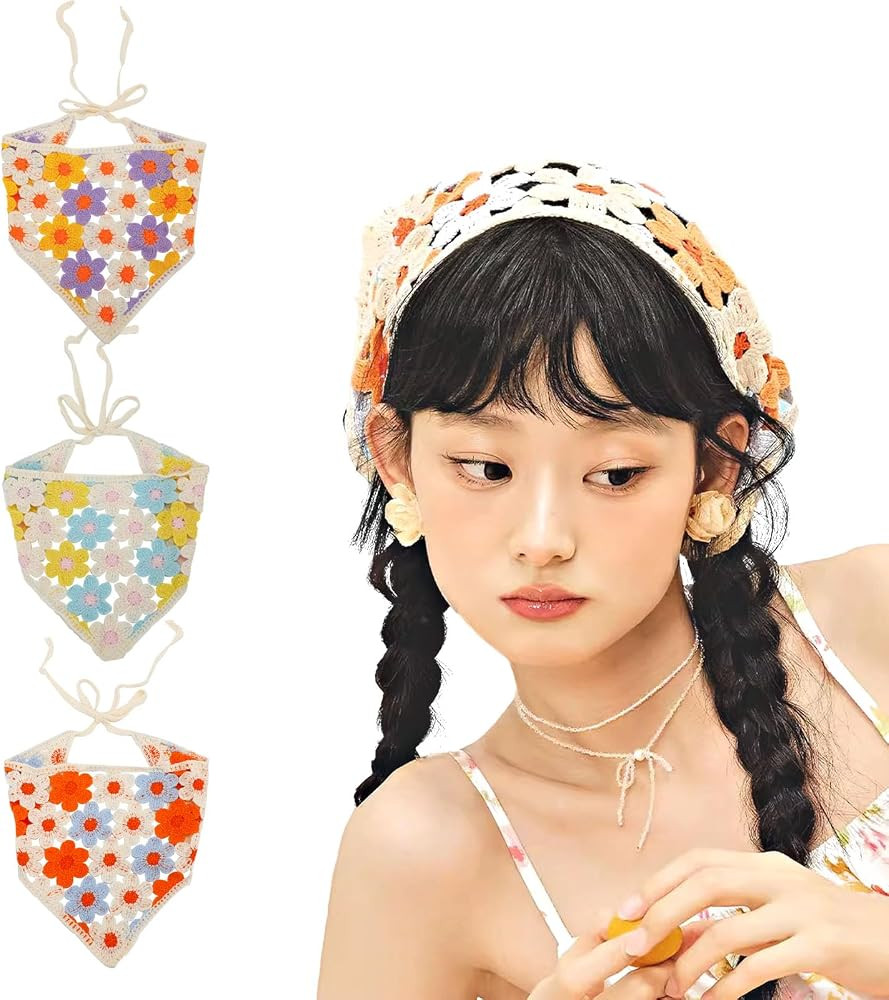 3Pcs Floral Crochet Hair Bandana Tie Knitted Headscarf Cute Clover Flower Vintage Headband for Wo... | Amazon (US)