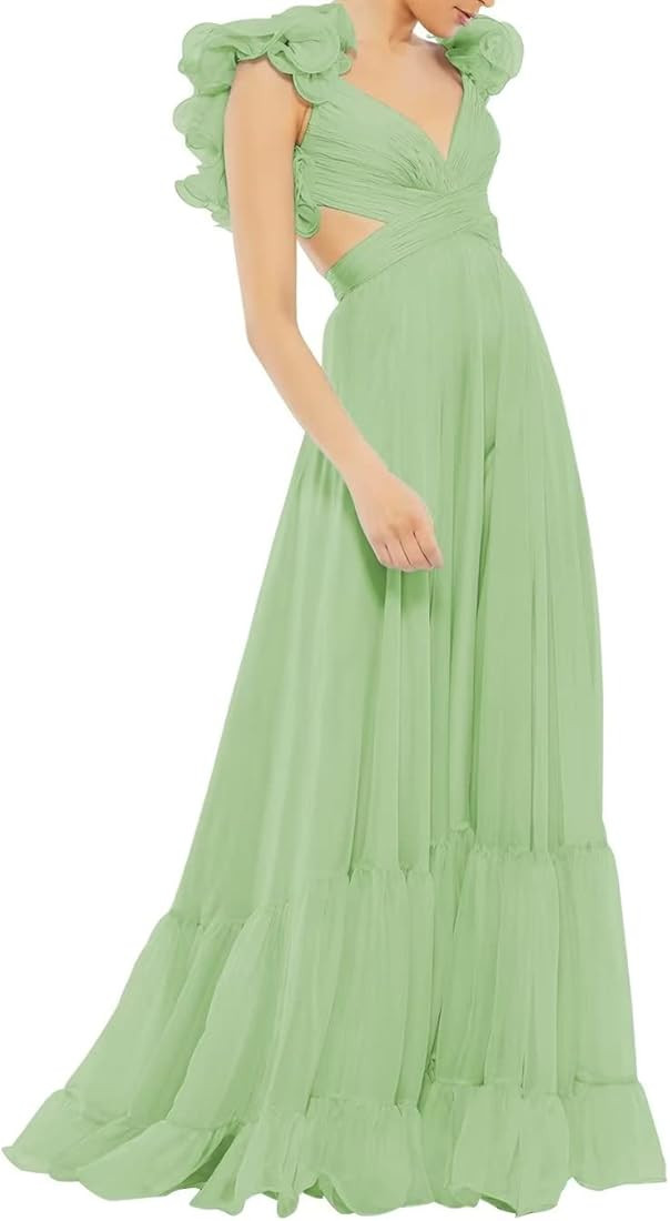 Lawrncedw Chiffon Ruffle Prom Dresses for Women V Neck Long Bridesmaid Dresses Backless Formal Ev... | Amazon (US)
