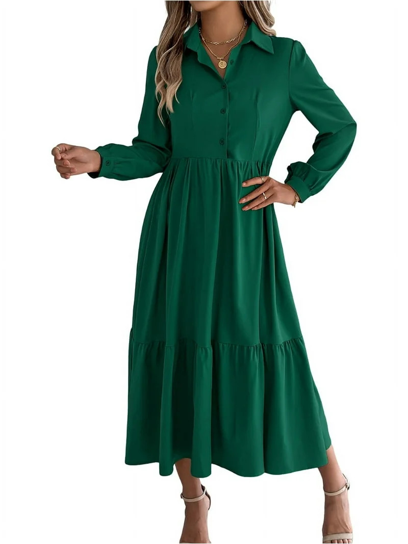 Women's Long Sleeve Dress 2025 Button Down V Neck A-Line Flowy Fall Outfits Ruffle Maxi Holiday P... | Walmart (US)
